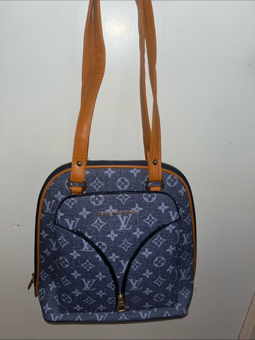 Louis Vuitton Blue Monogram Denim Shoulder Bag with Tan Straps